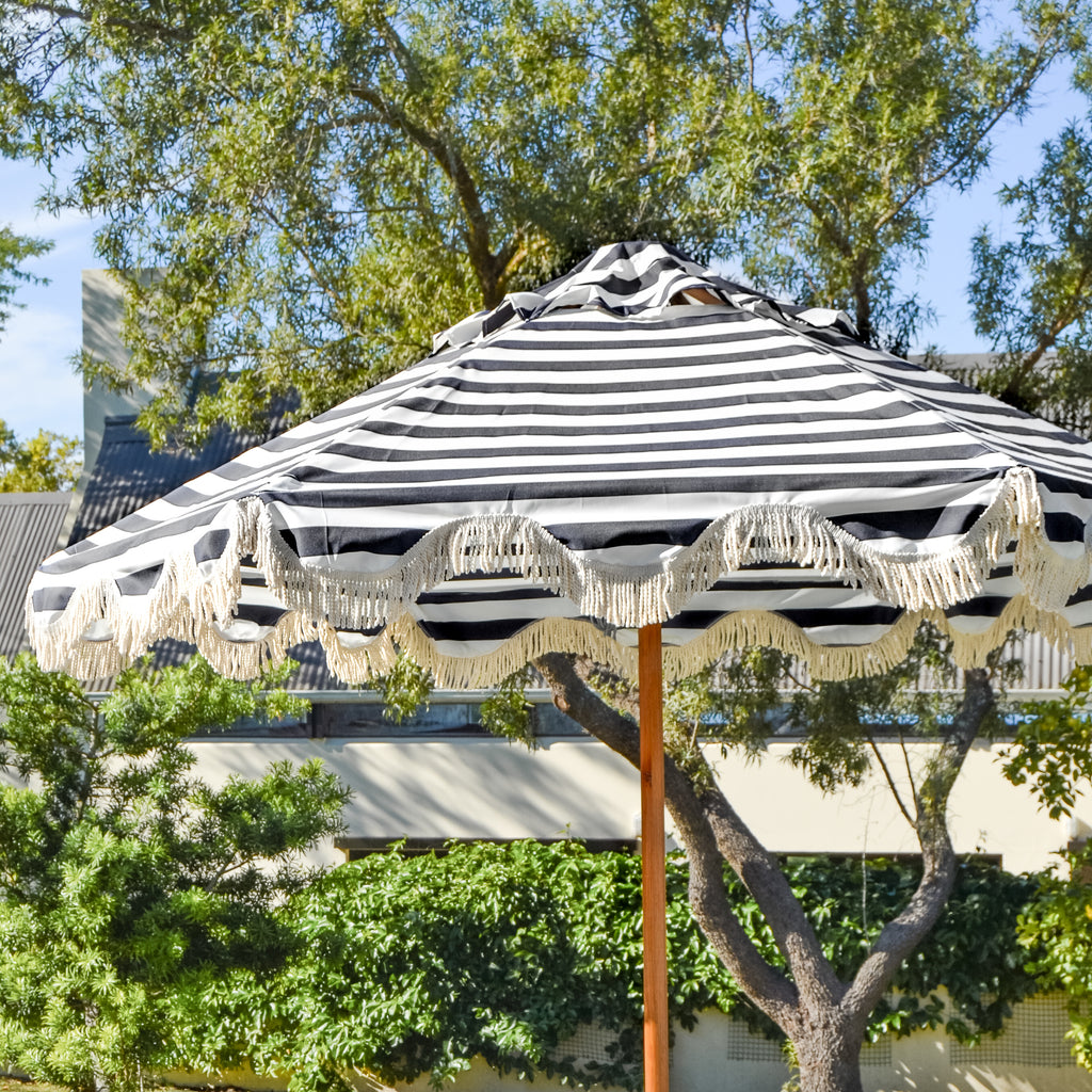 black white stripped patio umbrella Striped Fringed Patio Umbrella